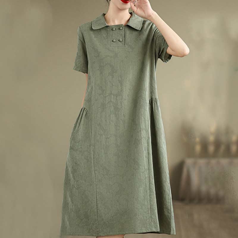 Textured Cotton Linen Lapel Grounding Midi Dress