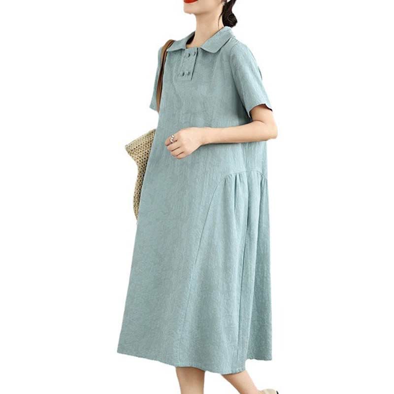 Textured Cotton Linen Lapel Grounding Midi Dress