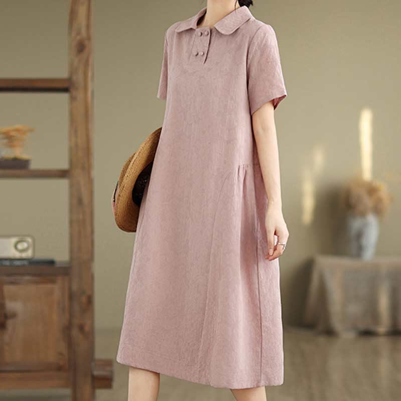 Textured Cotton Linen Lapel Grounding Midi Dress