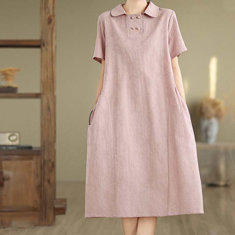 Textured Cotton Linen Lapel Grounding Midi Dress