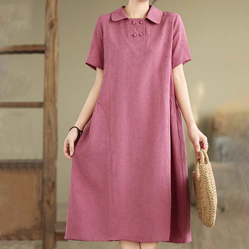 Textured Cotton Linen Lapel Grounding Midi Dress