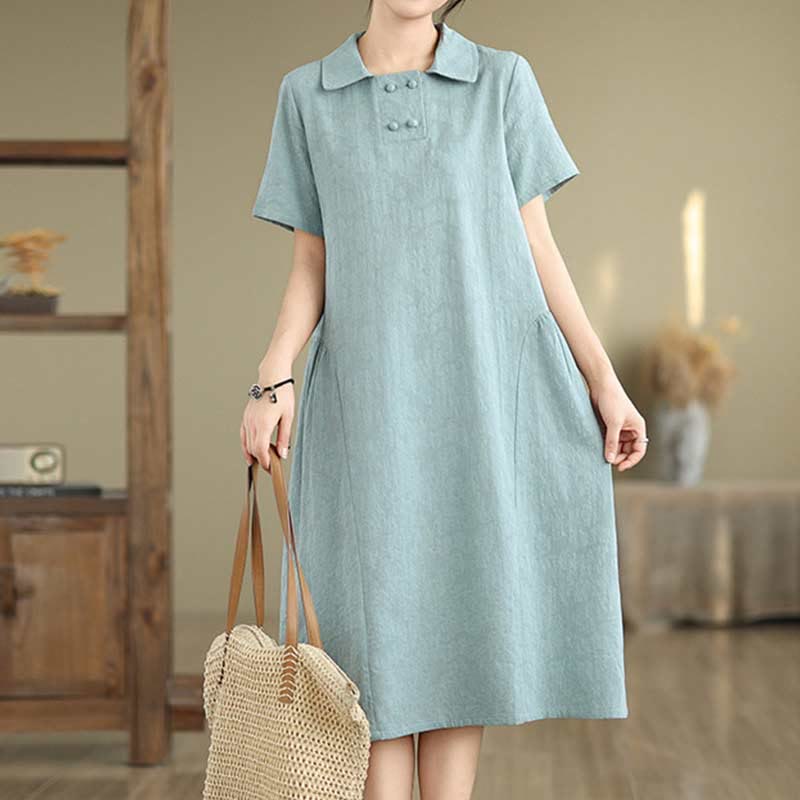 Textured Cotton Linen Lapel Grounding Midi Dress