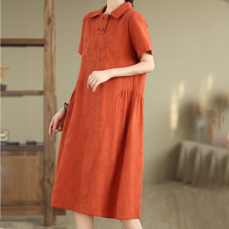 Textured Cotton Linen Lapel Grounding Midi Dress