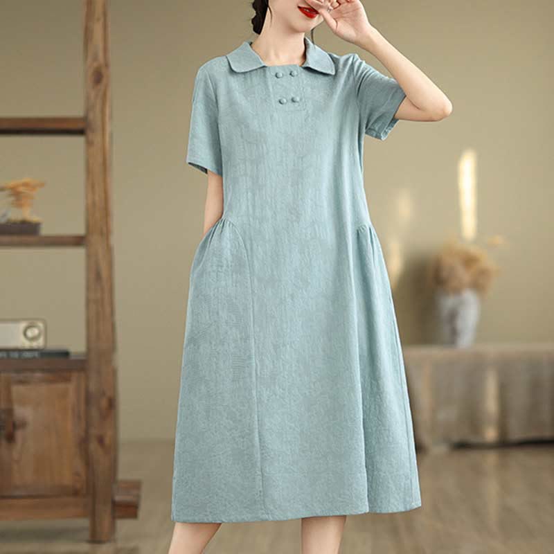 Textured Cotton Linen Lapel Grounding Midi Dress