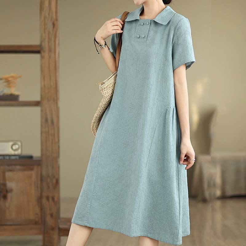 Textured Cotton Linen Lapel Grounding Midi Dress