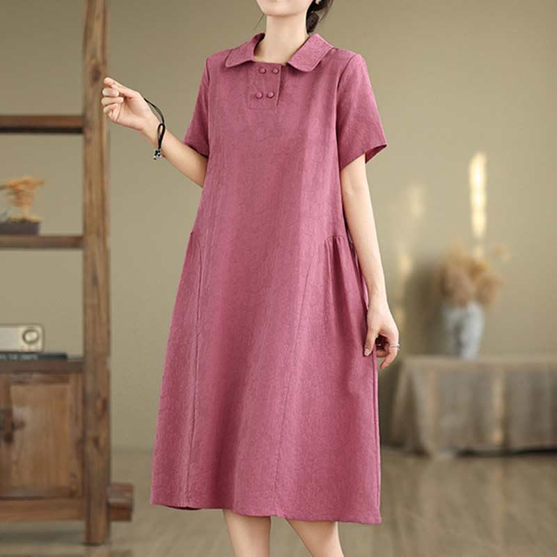 Textured Cotton Linen Lapel Grounding Midi Dress