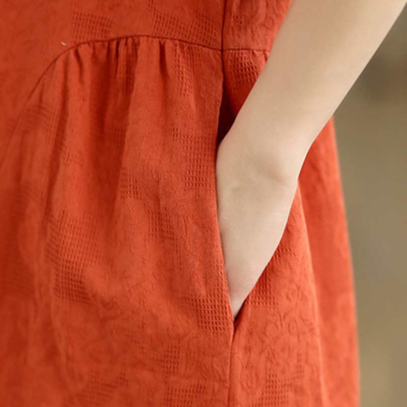 Textured Cotton Linen Lapel Grounding Midi Dress
