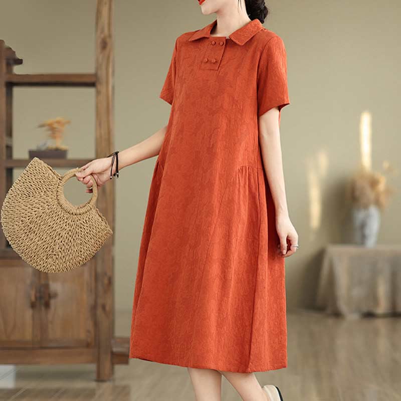 Textured Cotton Linen Lapel Grounding Midi Dress