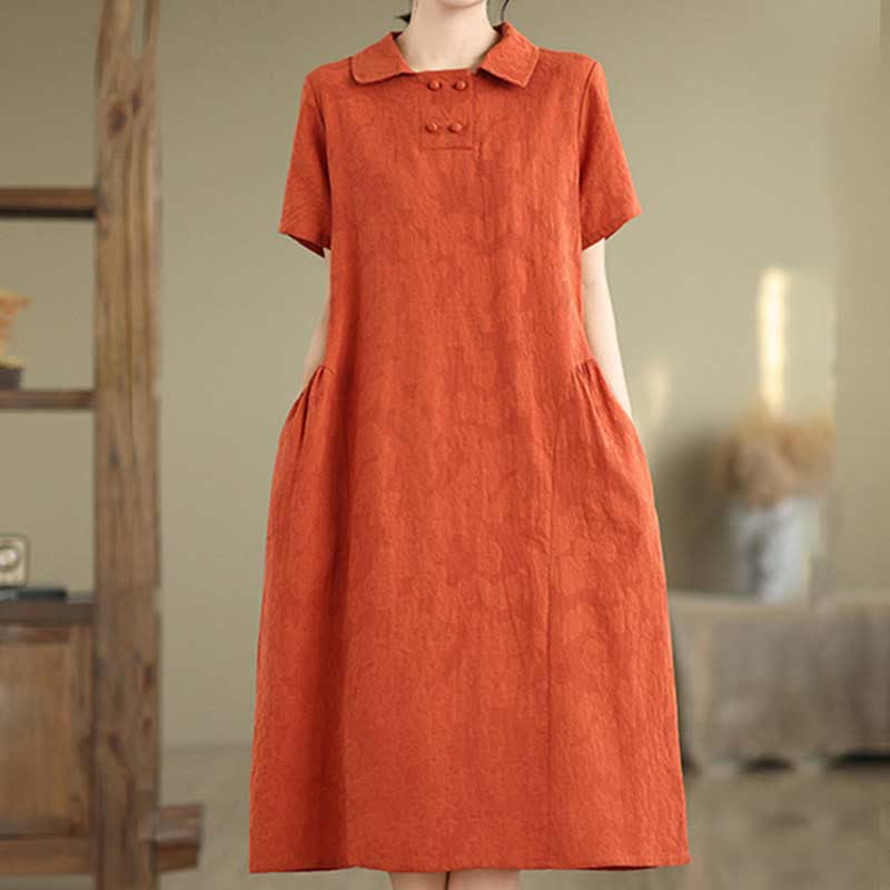 Textured Cotton Linen Lapel Grounding Midi Dress