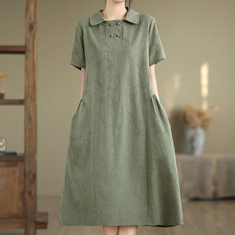 Textured Cotton Linen Lapel Grounding Midi Dress