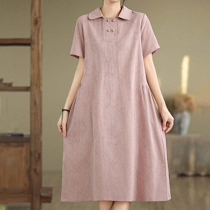 Textured Cotton Linen Lapel Grounding Midi Dress