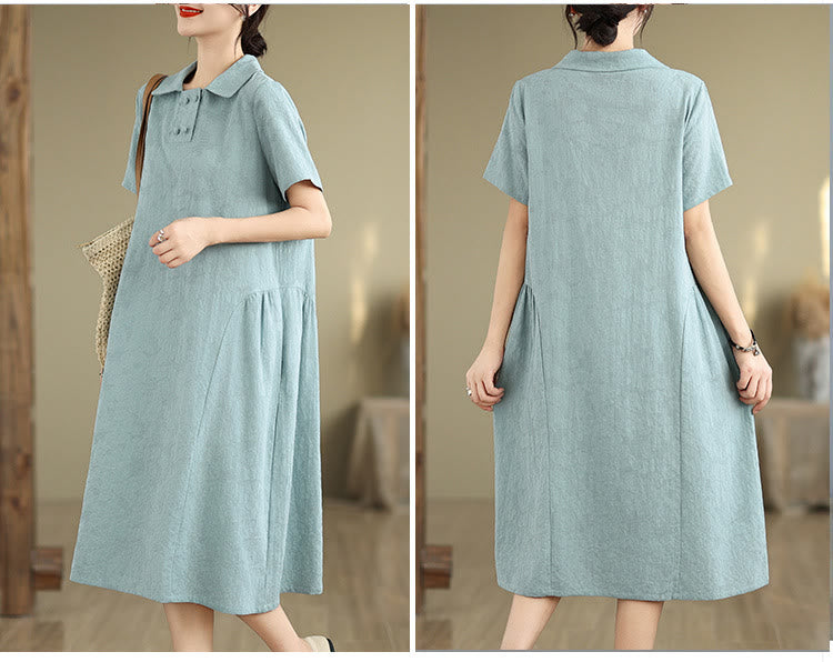 Textured Cotton Linen Lapel Grounding Midi Dress