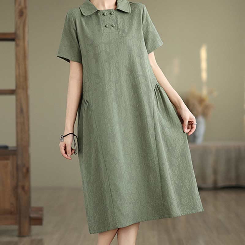 Textured Cotton Linen Lapel Grounding Midi Dress