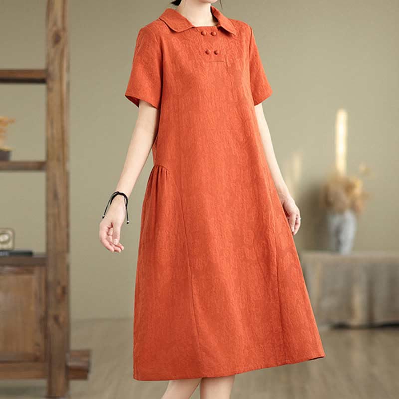 Textured Cotton Linen Lapel Grounding Midi Dress