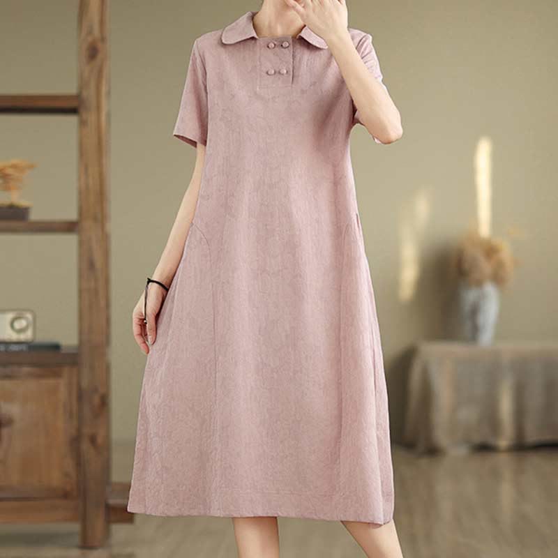 Textured Cotton Linen Lapel Grounding Midi Dress