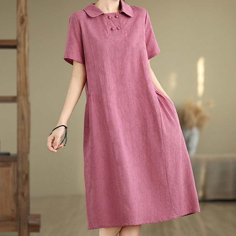Textured Cotton Linen Lapel Grounding Midi Dress