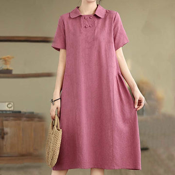 Textured Cotton Linen Lapel Grounding Midi Dress