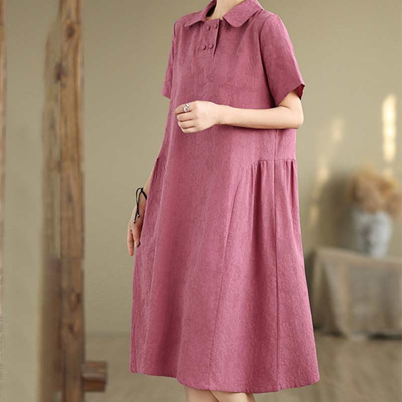 Textured Cotton Linen Lapel Grounding Midi Dress