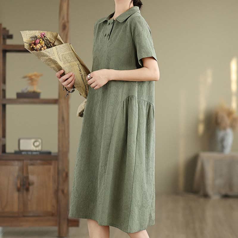 Textured Cotton Linen Lapel Grounding Midi Dress