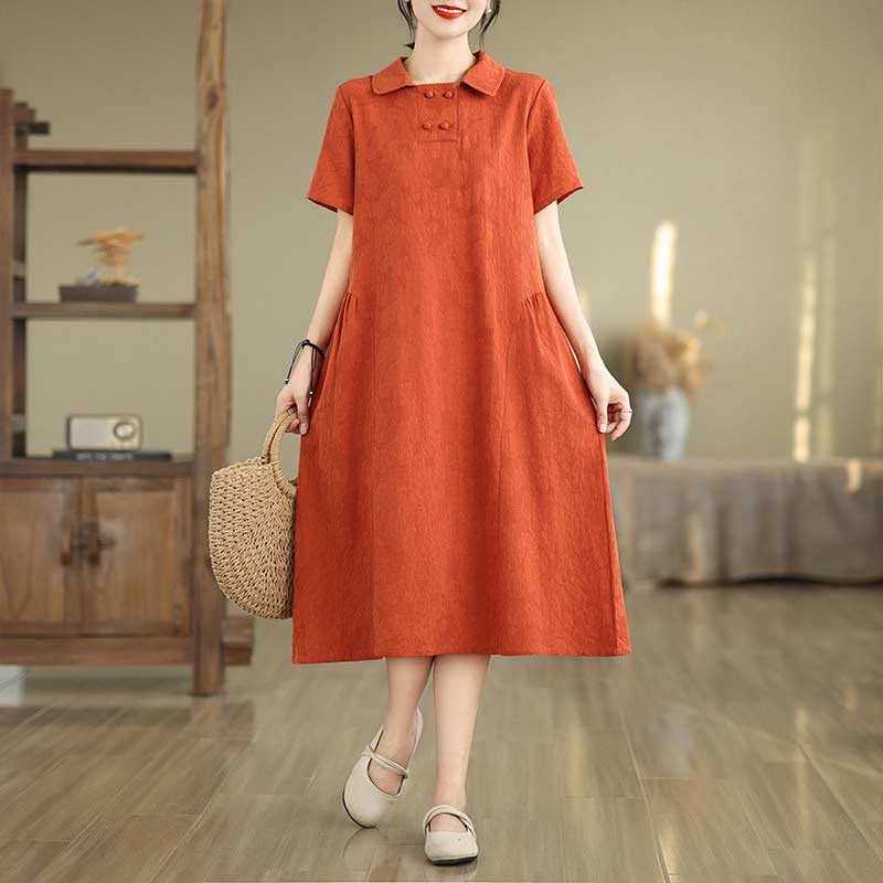 Textured Cotton Linen Lapel Grounding Midi Dress