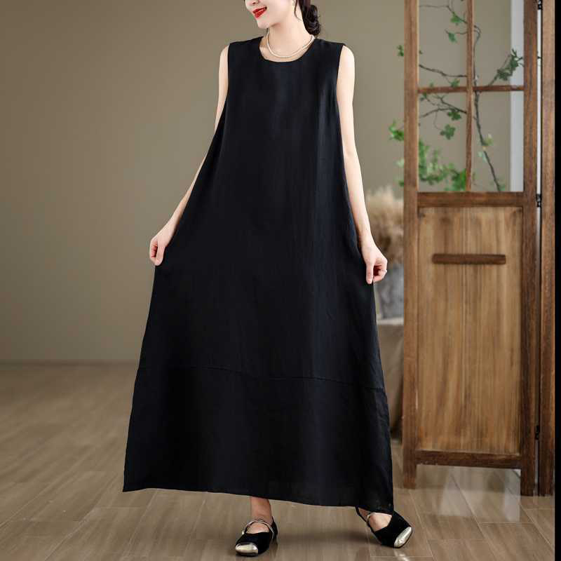 Spring Plain Irregular Sleeveless Cotton Linen Midi Dress With Pockets