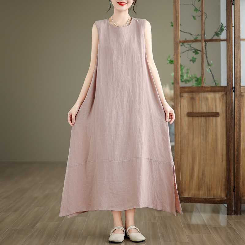 Spring Plain Irregular Sleeveless Cotton Linen Midi Dress With Pockets