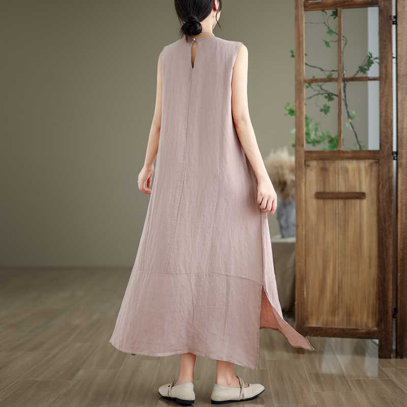 Spring Plain Irregular Sleeveless Cotton Linen Midi Dress With Pockets