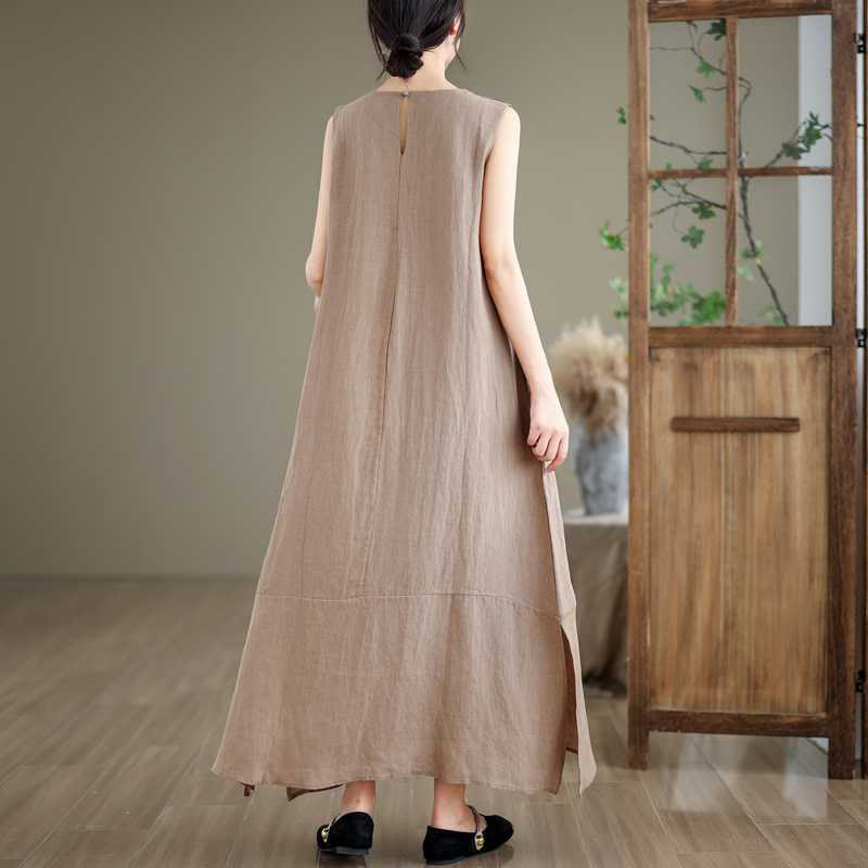 Spring Plain Irregular Sleeveless Cotton Linen Midi Dress With Pockets