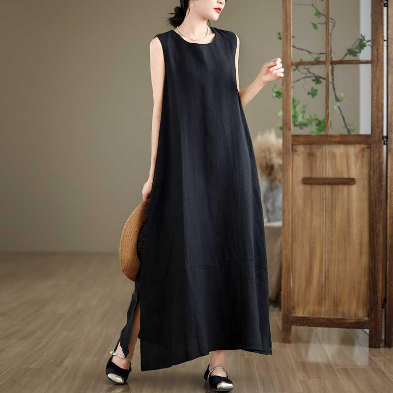Spring Plain Irregular Sleeveless Cotton Linen Midi Dress With Pockets