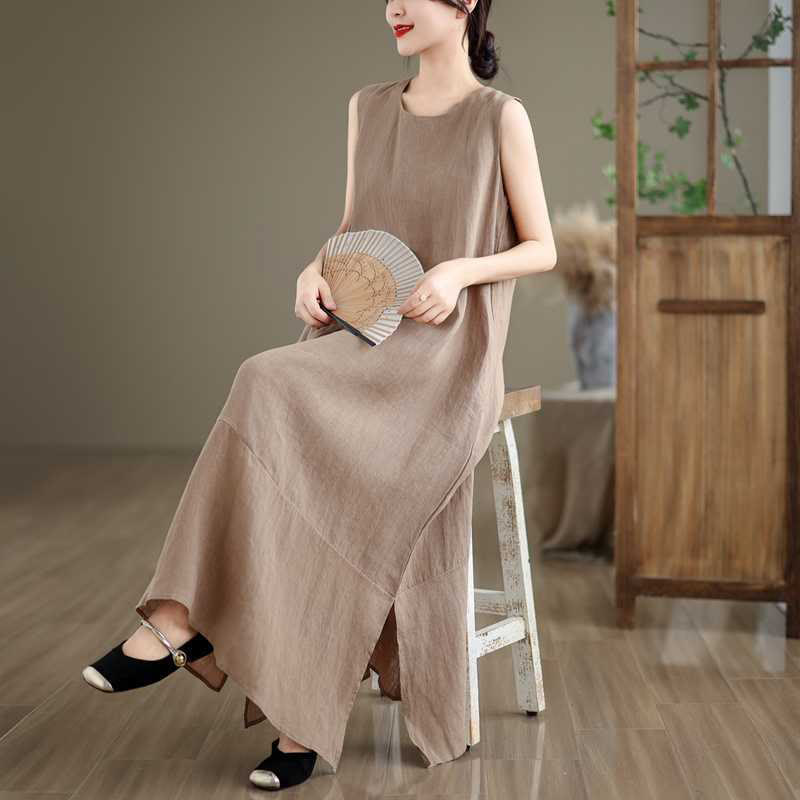 Spring Plain Irregular Sleeveless Cotton Linen Midi Dress With Pockets