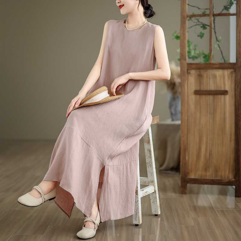 Spring Plain Irregular Sleeveless Cotton Linen Midi Dress With Pockets
