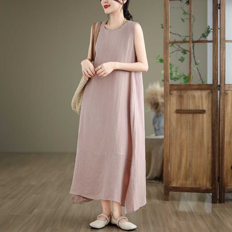 Spring Plain Irregular Sleeveless Cotton Linen Midi Dress With Pockets