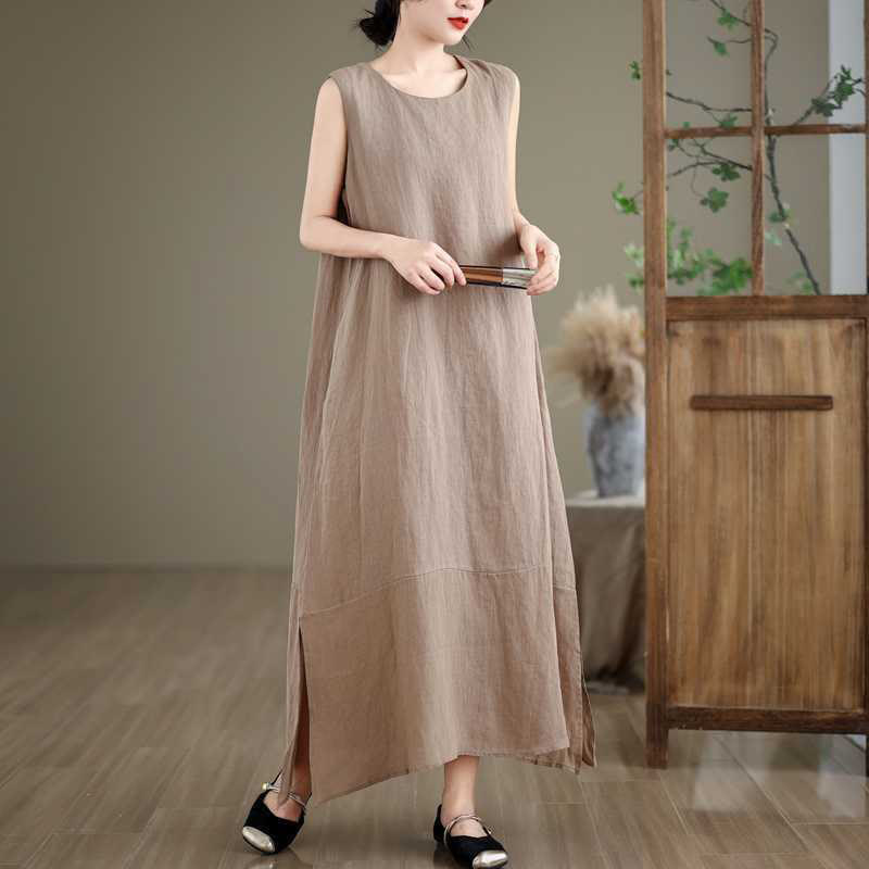 Spring Plain Irregular Sleeveless Cotton Linen Midi Dress With Pockets