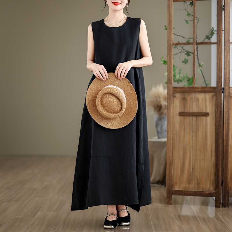 Spring Plain Irregular Sleeveless Cotton Linen Midi Dress With Pockets