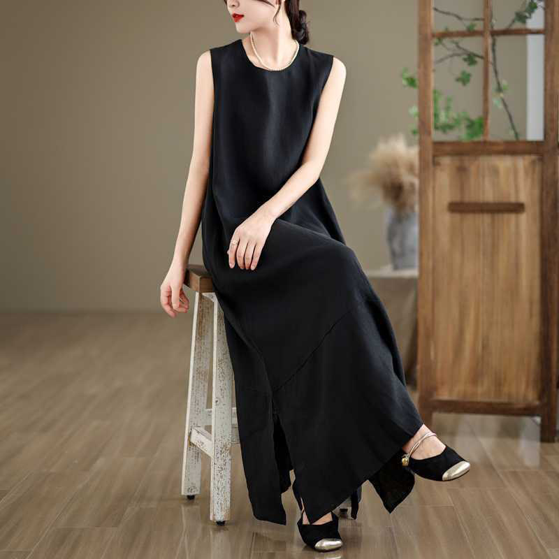 Spring Plain Irregular Sleeveless Cotton Linen Midi Dress With Pockets