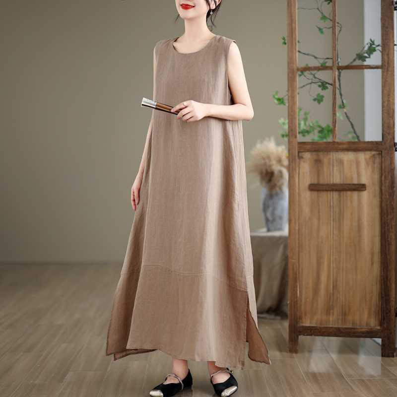 Spring Plain Irregular Sleeveless Cotton Linen Midi Dress With Pockets