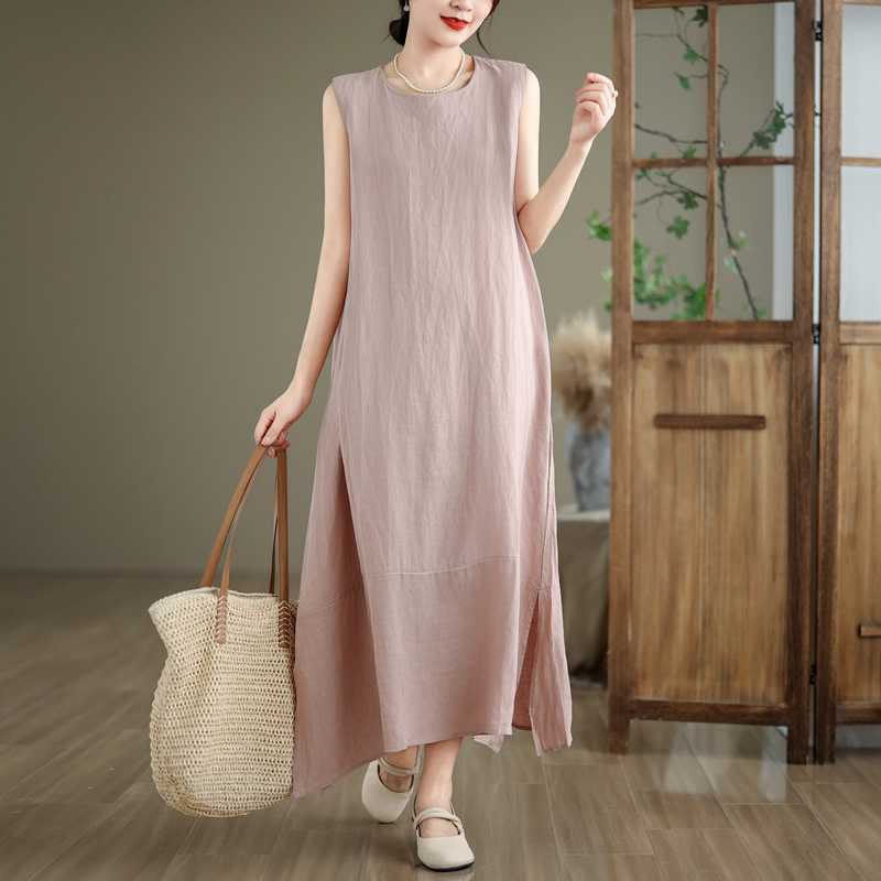 Spring Plain Irregular Sleeveless Cotton Linen Midi Dress With Pockets
