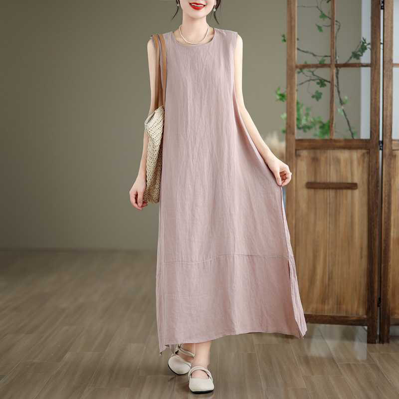 Spring Plain Irregular Sleeveless Cotton Linen Midi Dress With Pockets