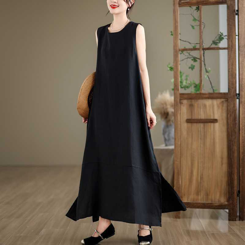 Spring Plain Irregular Sleeveless Cotton Linen Midi Dress With Pockets