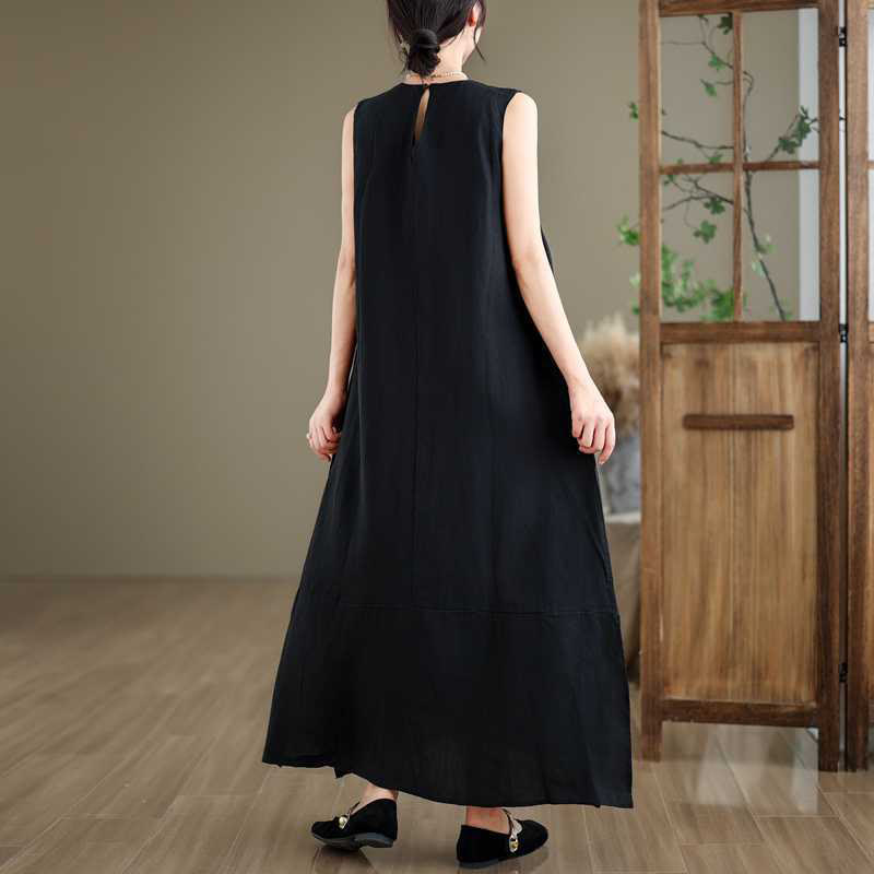 Spring Plain Irregular Sleeveless Cotton Linen Midi Dress With Pockets
