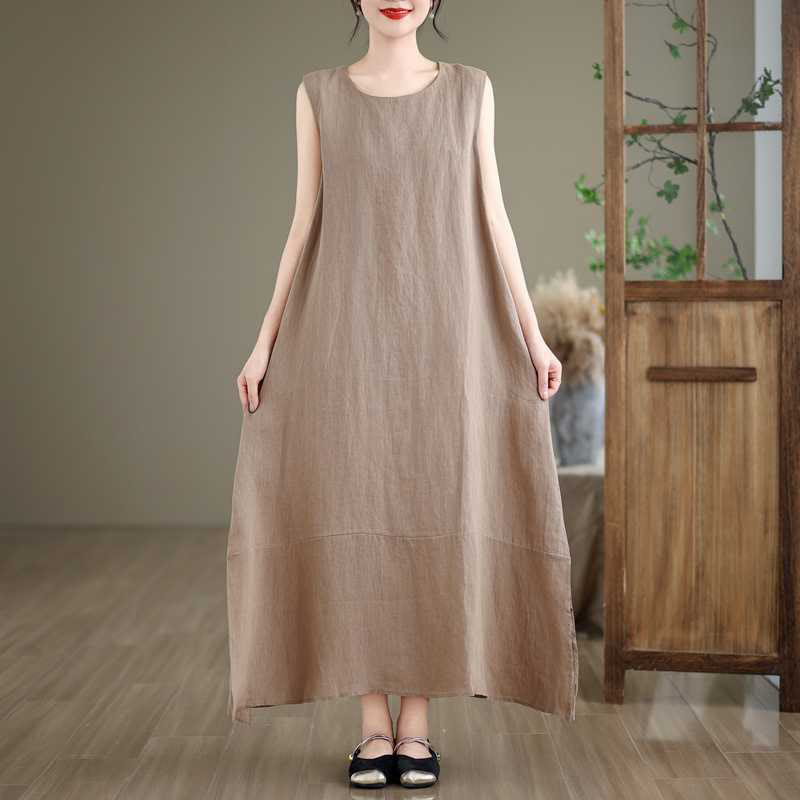 Spring Plain Irregular Sleeveless Cotton Linen Midi Dress With Pockets