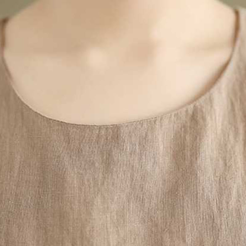 Spring Plain Irregular Sleeveless Cotton Linen Midi Dress With Pockets