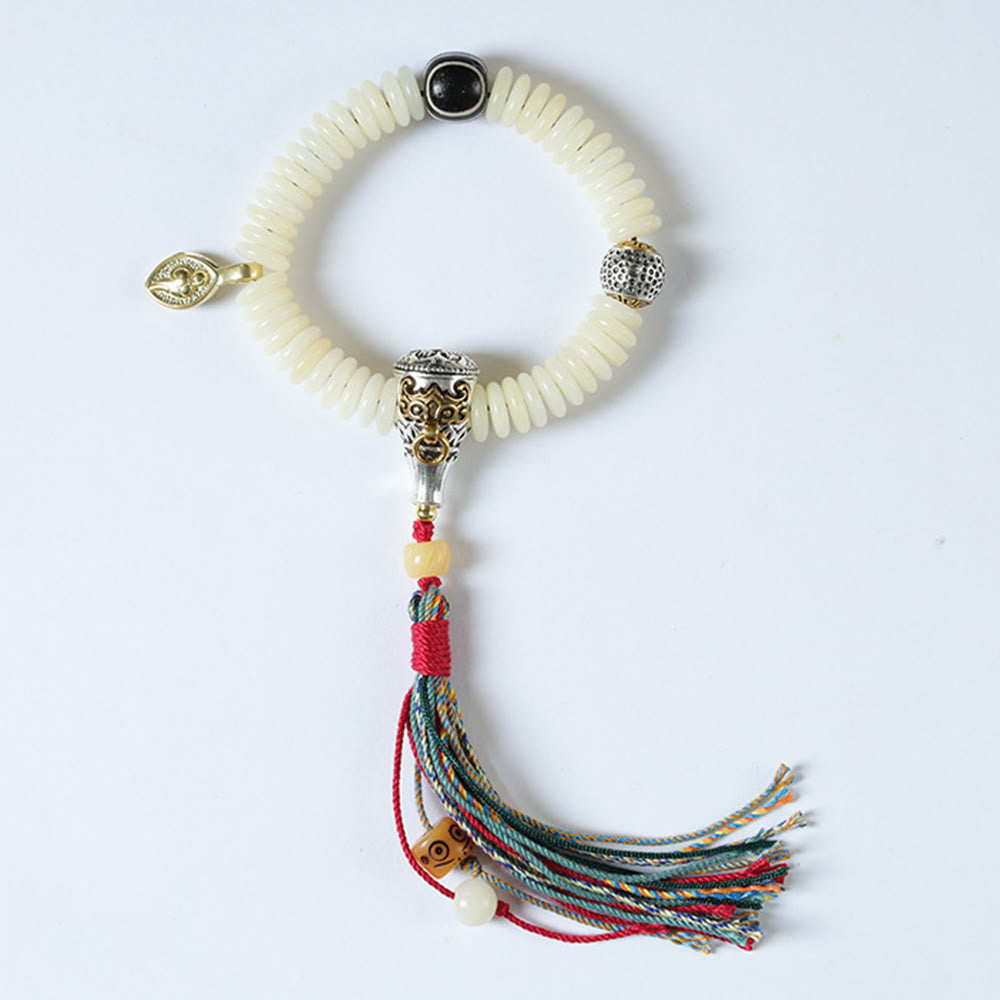 Natural White Bodhi Seed Stone Wisdom Tassel Wrist Mala Bracelet