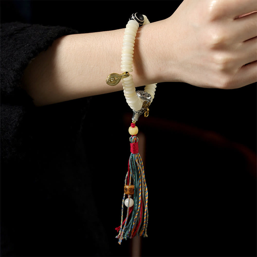 Natural White Bodhi Seed Stone Wisdom Tassel Wrist Mala Bracelet