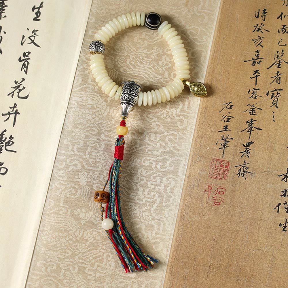 Natural White Bodhi Seed Stone Wisdom Tassel Wrist Mala Bracelet