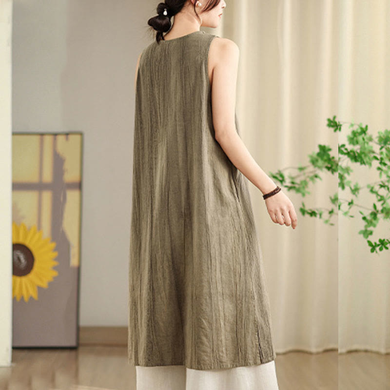 Tie Dye Chinese Frog-Button Ramie Linen Sleeveless Midi Dress With Pockets