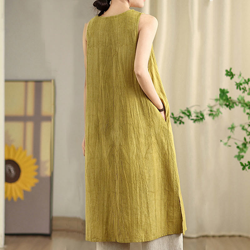 Tie Dye Chinese Frog-Button Ramie Linen Sleeveless Midi Dress With Pockets