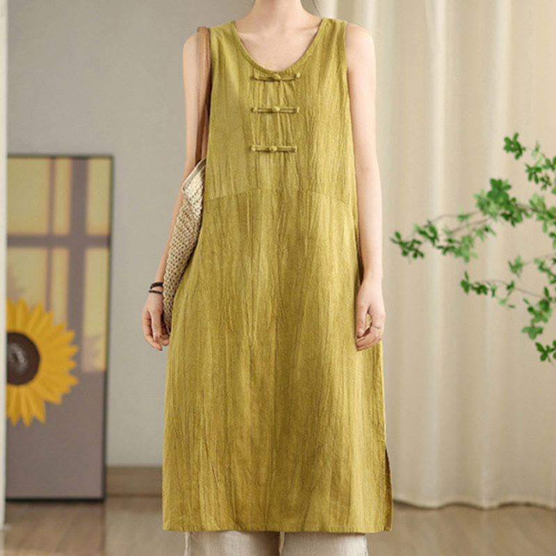 Tie Dye Chinese Frog-Button Ramie Linen Sleeveless Midi Dress With Pockets