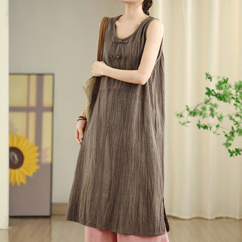 Tie Dye Chinese Frog-Button Ramie Linen Sleeveless Midi Dress With Pockets