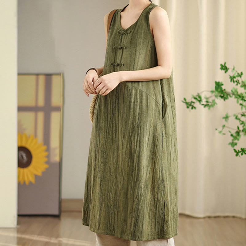 Tie Dye Chinese Frog-Button Ramie Linen Sleeveless Midi Dress With Pockets